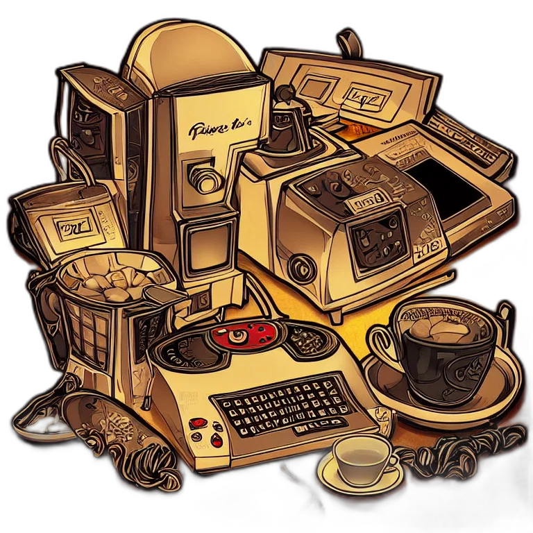 furniture, food, robot, pixel art, concept art, cyberpunk, 3d render, golden transparent PNG cut-out