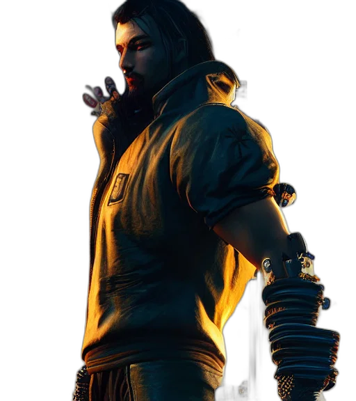 jacket, weapon, sword, staff, concept art, cyberpunk, 3d render, fantasy art transparent PNG cut-out