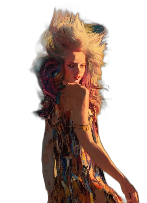 hair, dress, face, fantasy art, concept art, cyberpunk, photorealistic, neon lights transparent PNG cut-out