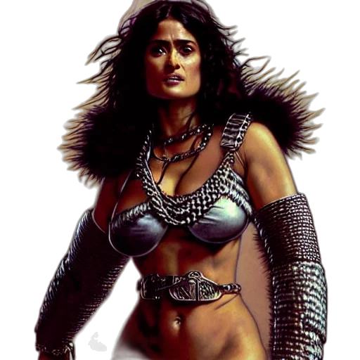 comic book art, fantasy art, concept art, photorealistic, portrait, salma, hayek, muscled transparent PNG cut-out