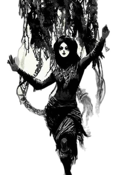 creature, mask, staff, dress, comic book art, concept art, fantasy art, pencil sketch transparent PNG cut-out