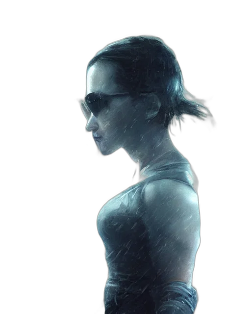 dress, face, robot, cyberpunk, concept art, 3d render, photorealistic, blue transparent PNG cut-out
