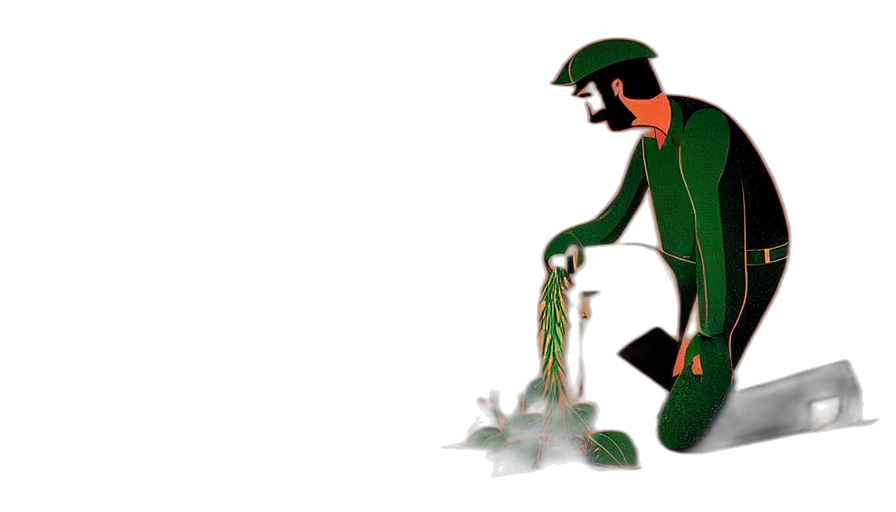 staff, concept art, 3d render, pixel art, comic book art, green, farmer, kneeling transparent PNG cut-out