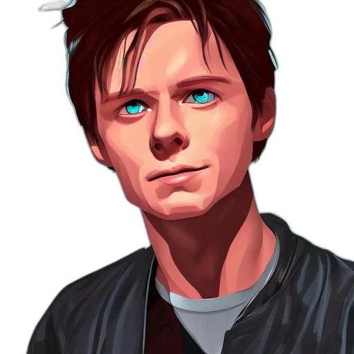 face, jacket, photorealistic, concept art, pixel art, comic book art, blue, red transparent PNG cut-out