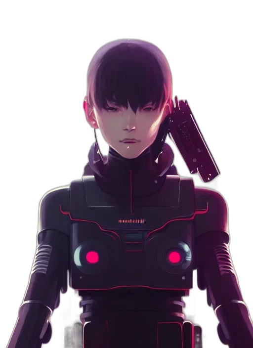 robot, weapon, jacket, cyberpunk, concept art, anime, pixel art, neon lights transparent PNG cut-out