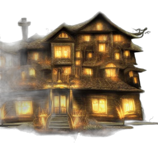 building, concept art, fantasy art, photorealistic, 3d render, fog, fire, city street transparent PNG cut-out