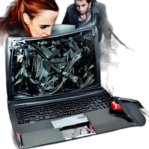 cyberpunk, concept art, photorealistic, 3d render, fire, destroyed, computer, angry transparent PNG cut-out