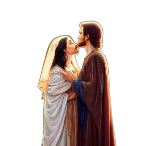 photorealistic, 3d render, concept art, jesus, kissing, woman, street, elegant transparent PNG cut-out