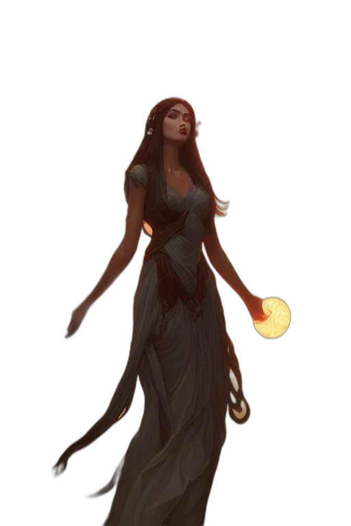 dress, staff, concept art, fantasy art, pixel art, comic book art, fire, dark transparent PNG cut-out