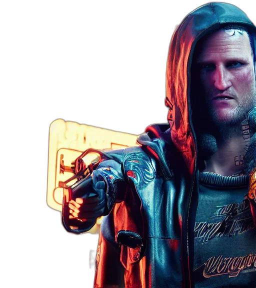 jacket, cyberpunk, concept art, charismatic, rugged, male, battle, woody transparent PNG cut-out