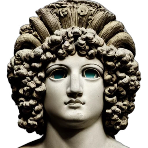 face, crown, mask, hair, photorealistic, vaporwave, 3d render, concept art transparent PNG cut-out