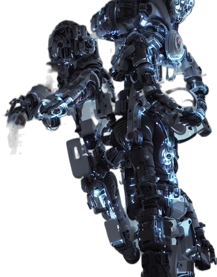 robot, weapon, staff, jacket, concept art, 3d render, cyberpunk, pixel art transparent PNG cut-out