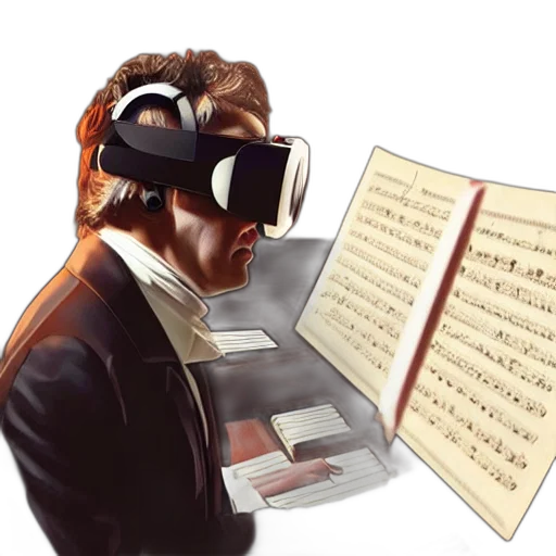 mask, concept art, photorealistic, 3d render, beethoven, composing, piano, wearing transparent PNG cut-out