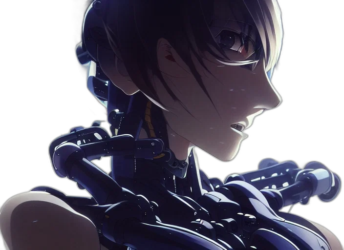 robot, weapon, face, crown, cyberpunk, concept art, anime, photorealistic transparent PNG cut-out