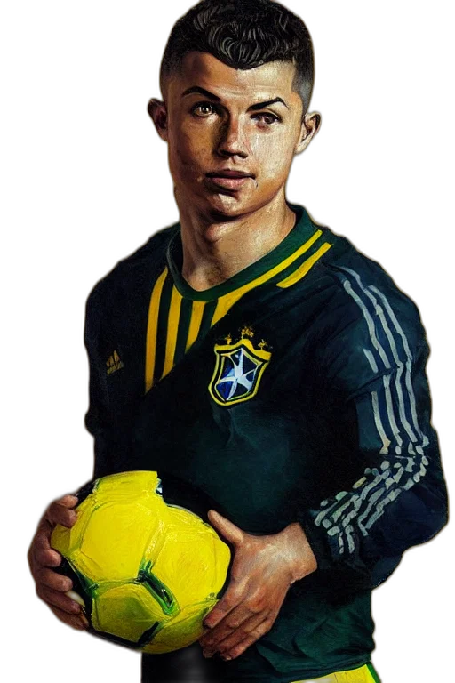photorealistic, pixel art, oil painting, watercolor, portrait, ronaldo, holding, soccer transparent PNG cut-out