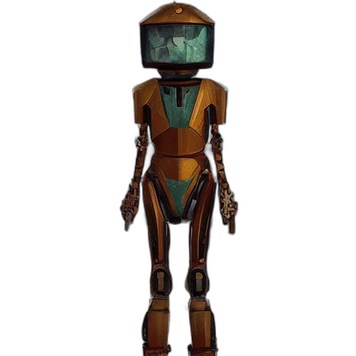robot, staff, 3d render, concept art, pixel art, cyberpunk, earth tones, surreal transparent PNG cut-out