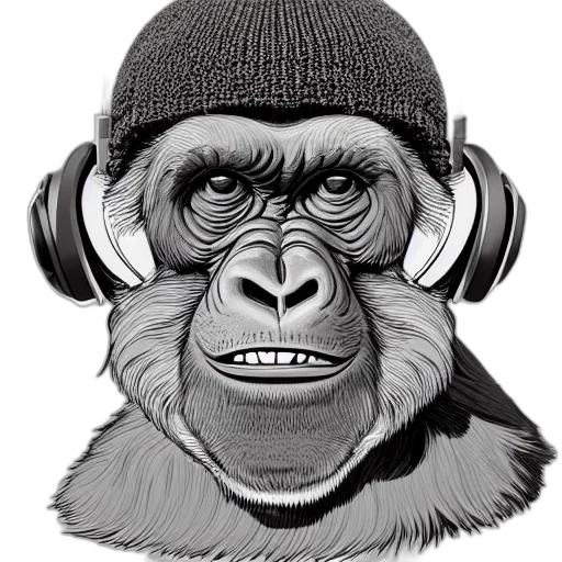 animal, photorealistic, cartoon, concept art, comic book art, stoned, ape, headphones transparent PNG cut-out