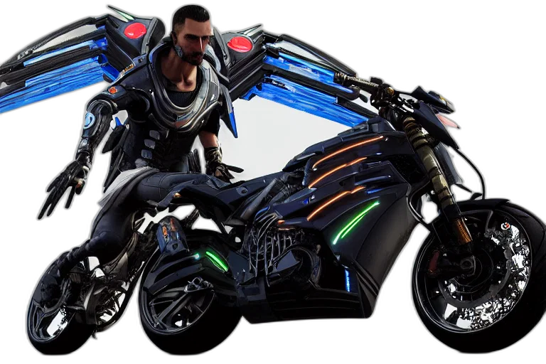 robot, weapon, concept art, cyberpunk, 3d render, futuristic, motorcycle, concept transparent PNG cut-out