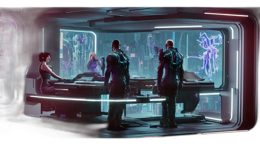 robot, concept art, cyberpunk, vaporwave, comic book art, neon lights, outer space, night transparent PNG cut-out