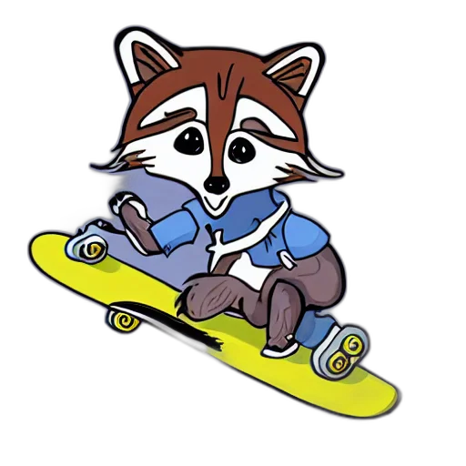 cartoon, concept art, pixel art, fantasy art, illustration, raccoon, riding, skateboard transparent PNG cut-out
