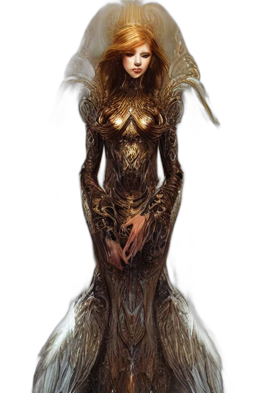 dress, jewelry, creature, fantasy art, concept art, comic book art, pixel art, golden transparent PNG cut-out