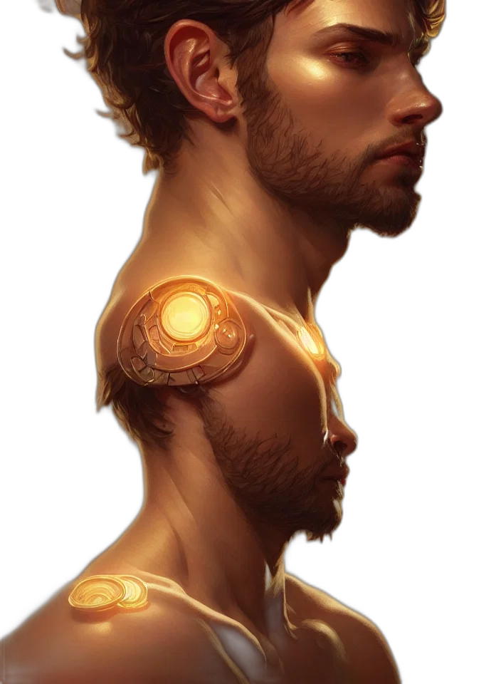 robot, face, jewelry, concept art, fantasy art, photorealistic, cyberpunk, golden transparent PNG cut-out