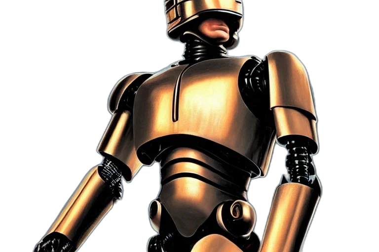 robot, 3d render, concept art, golden, robocop, fantasy, painting, ultra transparent PNG cut-out