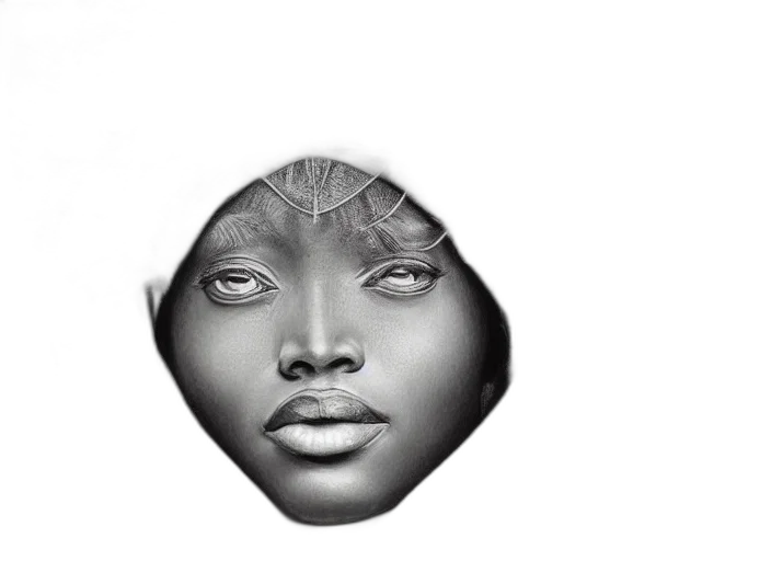 face, crown, mask, hair, photorealistic, pencil sketch, concept art, cartoon transparent PNG cut-out