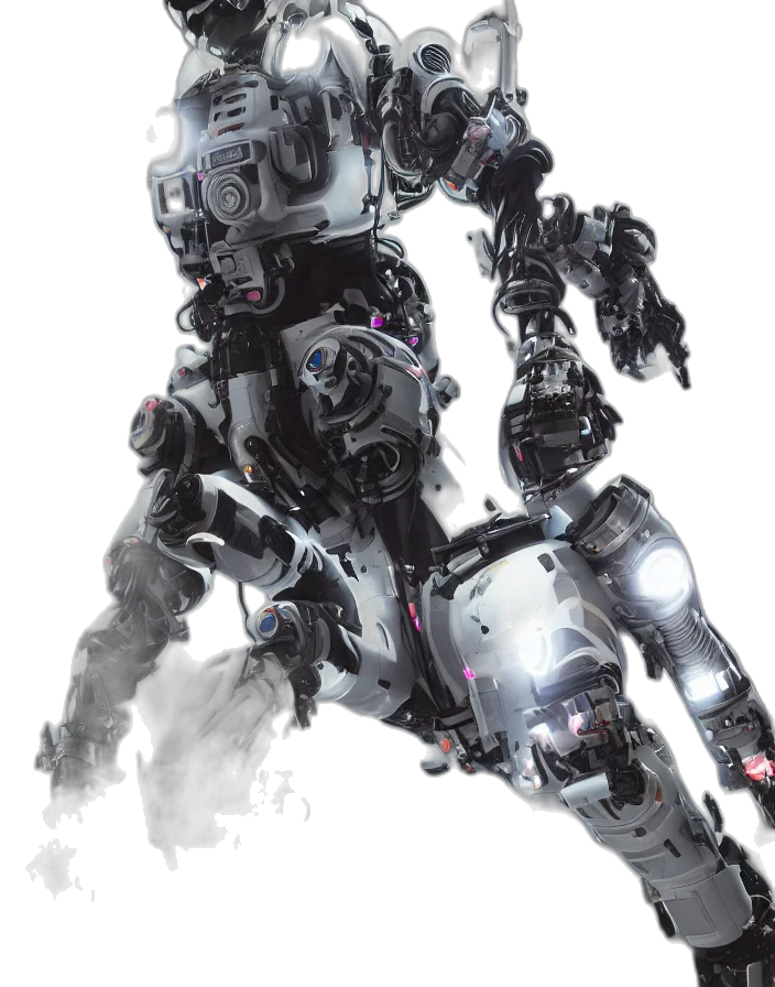 robot, weapon, concept art, cyberpunk, comic book art, 3d render, full, body transparent PNG cut-out