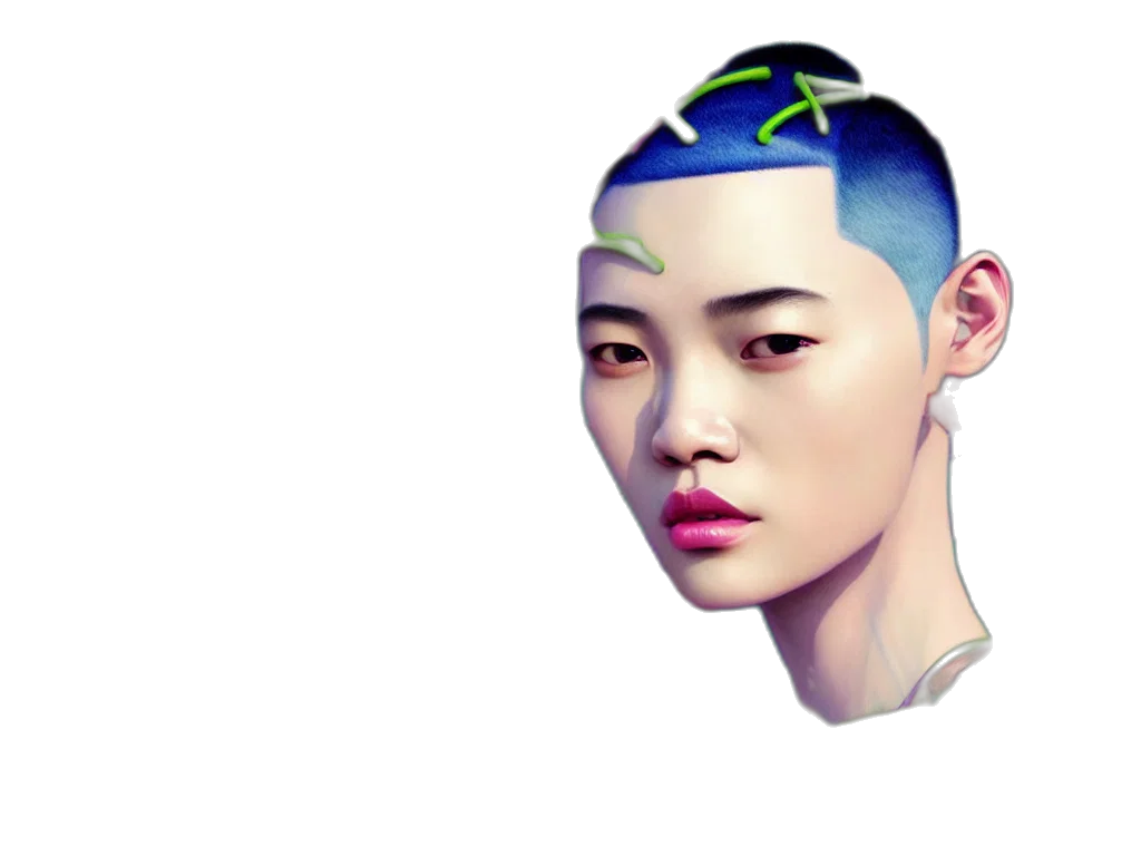 face, hat, mask, vaporwave, photorealistic, cyberpunk, 3d render, blue transparent PNG cut-out