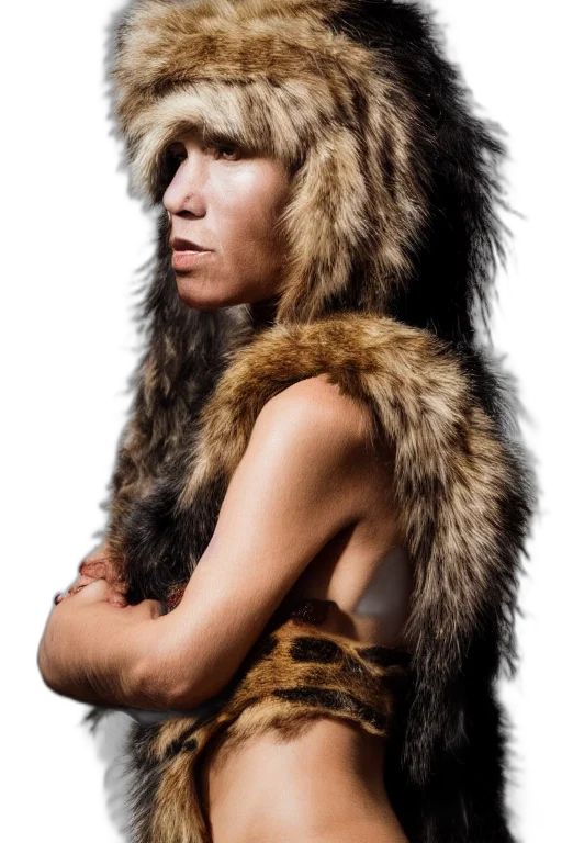 animal, jacket, hat, creature, photorealistic, concept art, neanderthal, woman transparent PNG cut-out