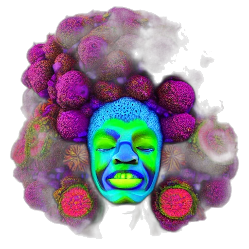 face, creature, mask, hair, vaporwave, 3d render, photorealistic, concept art transparent PNG cut-out
