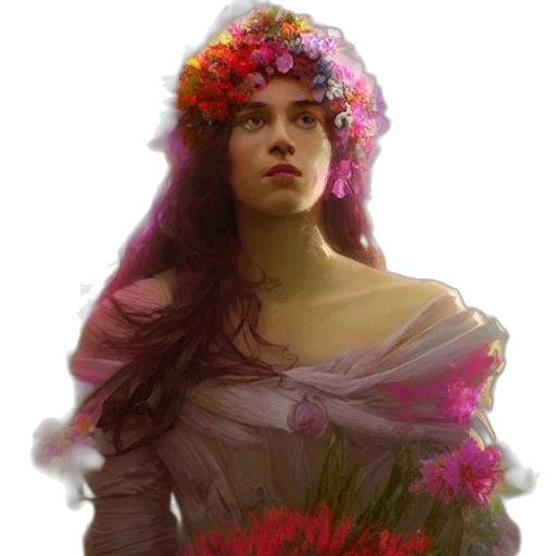 crown, flower, dress, face, photorealistic, fantasy art, concept art, oil painting transparent PNG cut-out