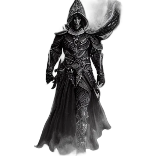 mask, staff, jacket, sword, concept art, fantasy art, 3d render, comic book art transparent PNG cut-out