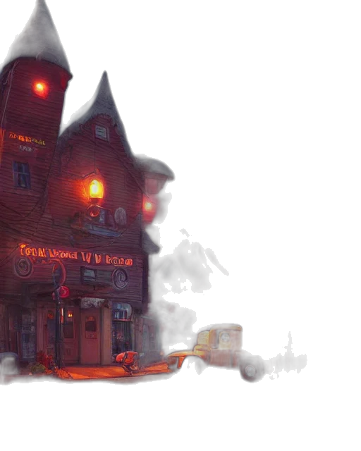 building, concept art, watercolor, fantasy art, photorealistic, fog, city street, neon lights transparent PNG cut-out