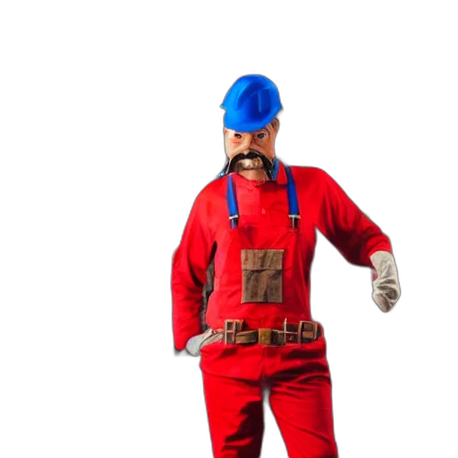 staff, robot, jacket, hat, 3d render, concept art, plumber, wearing transparent PNG cut-out