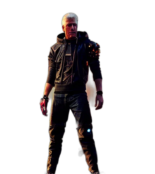 jacket, staff, weapon, creature, concept art, 3d render, cyberpunk, pixel art transparent PNG cut-out