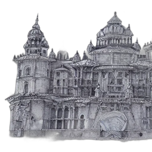 building, crown, concept art, 3d render, fantasy art, pencil sketch, fog, city street transparent PNG cut-out