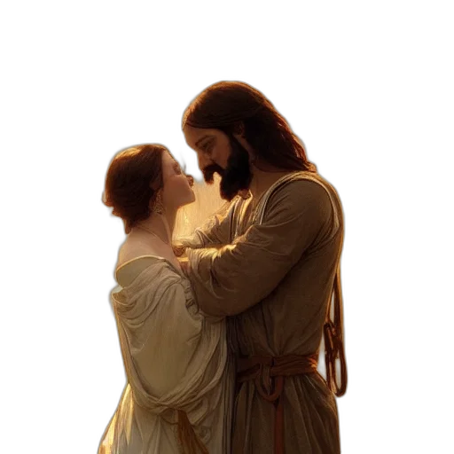 photorealistic, fire, snow, jesus, kissing, maria, maddalena, elegant transparent PNG cut-out