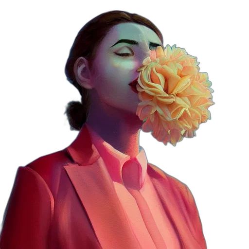 flower, face, jacket, mask, photorealistic, concept art, vaporwave, 3d render transparent PNG cut-out