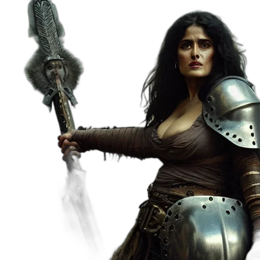 sword, fantasy art, concept art, comic book art, photorealistic, portrait, salma, hayek transparent PNG cut-out