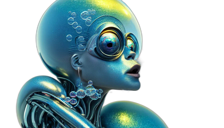 robot, cyberpunk, 3d render, concept art, photorealistic, outer space, bubbles, artstation transparent PNG cut-out