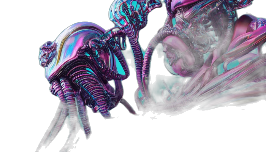 robot, creature, hair, concept art, vaporwave, cyberpunk, 3d render, outer space transparent PNG cut-out