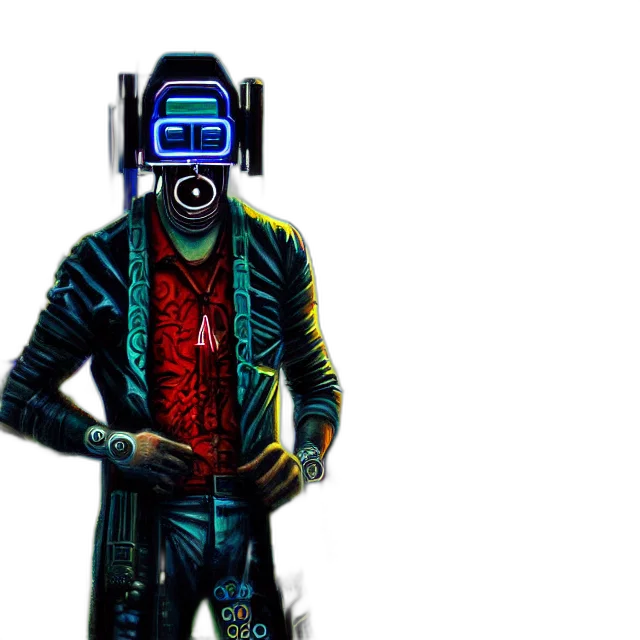 robot, jacket, mask, staff, cyberpunk, concept art, pixel art, vaporwave transparent PNG cut-out