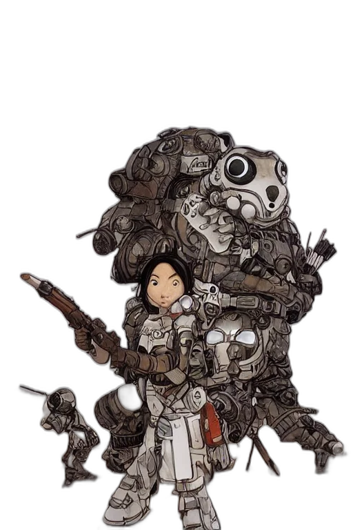 robot, weapon, jacket, concept art, fantasy art, comic book art, pixel art, earth tones transparent PNG cut-out