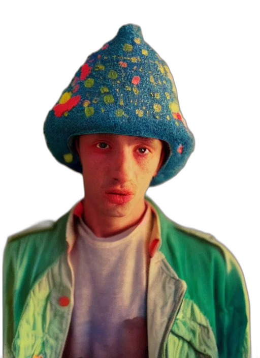 hat, jacket, umbrella, face, photorealistic, 3d render, concept art, vaporwave transparent PNG cut-out