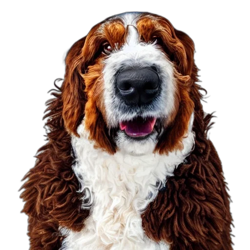 animal, face, staff, creature, photorealistic, 3d render, bernedoodle, wearing transparent PNG cut-out