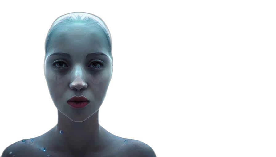 robot, face, concept art, cyberpunk, 3d render, photorealistic, underwater, outer space transparent PNG cut-out