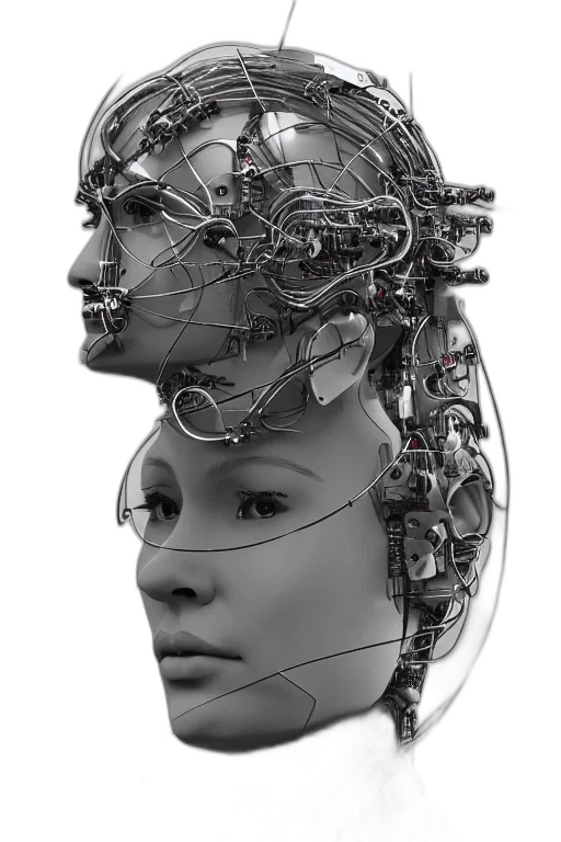 robot, face, mask, crown, cyberpunk, concept art, 3d render, photorealistic transparent PNG cut-out