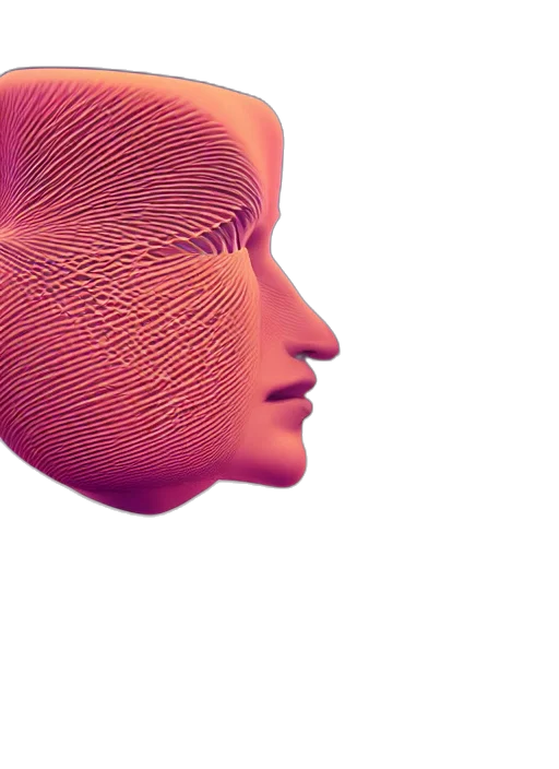 face, mask, robot, hair, 3d render, vaporwave, photorealistic, concept art transparent PNG cut-out